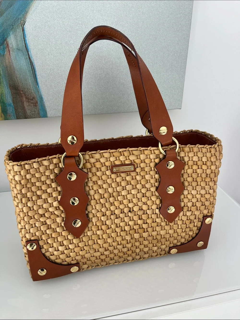 Michael Kors Santorini Leather Rafia Straw Woven Rectangular Straw Shoulder Bag